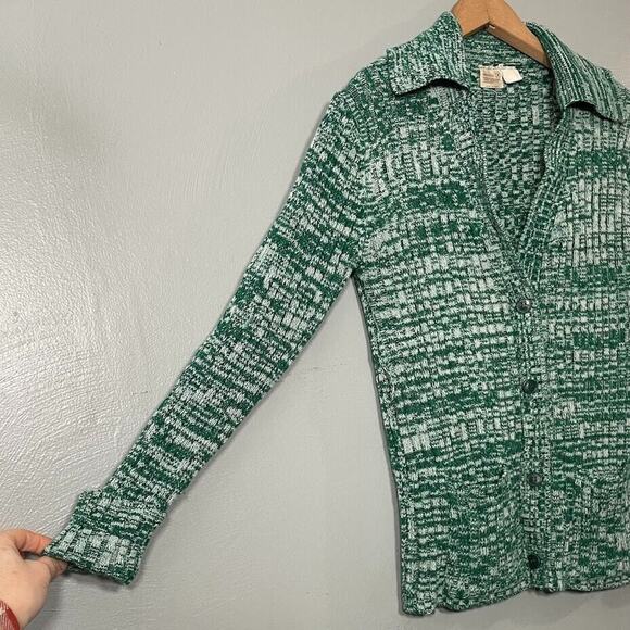 Vintage Green Space Dye Size Medium Sweater Ribbed Knit Cardigan Retro 60s 70s - Picture 2 of 8